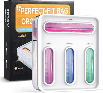 OUTXE Bag Organizer for Drawer + Fridge, Magnetic Kitchen Baggie Storage | Pantry Organization for Ziplock Plastic Food Bags | Compatible with Snack Sandwich Quart Gallon (White)