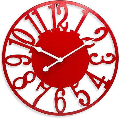 SUKYING 16 Inch Large Wall Clock, Silent Battery Operated Modern Wall Clock, Modern Red Metal Decorative Clock for Patio, Porch, Pool Area, Farmhouse, Living Room