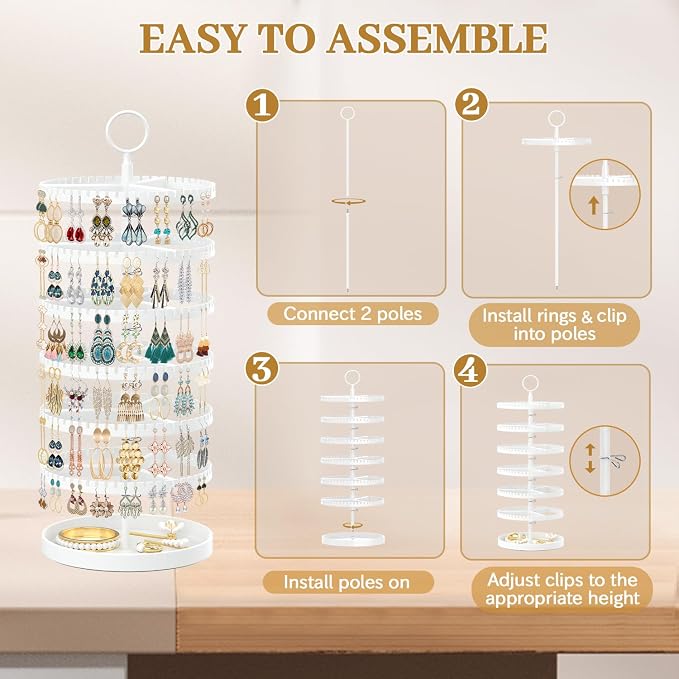 MODOWEY 6 Tier Rotating Earring Holder Organizer Display Tree with Metal Tray, Adjustable Plastic Stand with 342 Slots for Stud Hoop Hanger, Large Capacity Storage Rack for Women Space-Saving, White