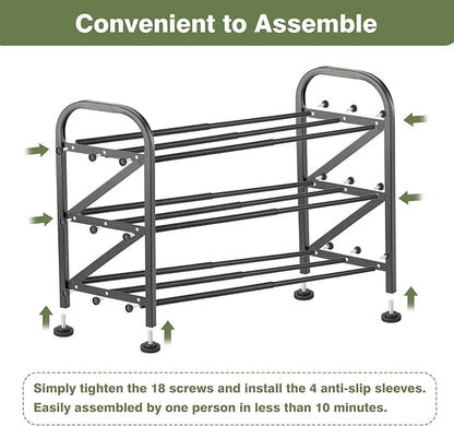 3-Tier Shoe Rack for Closet, 16"-33" Expandable ShoeRackAdjustable for Entryway Closet Doorway SturdyMetal, Black