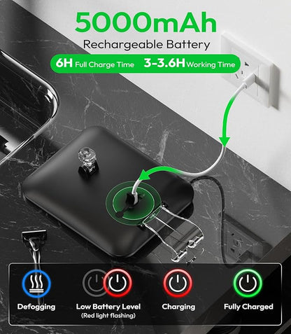 Lighted Shower Mirror Fogless for Shaving with Light, 5000mAh Heated Fogless Mirror for Shower, Detachable Razor Holder and Suction Cup for Wall, NO-Drilling, Waterproof for Bathroom (Black)