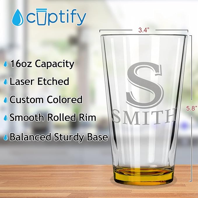 Personalized Beer Glass Engraved Yellow 16oz Pint Glass, Custom Gift for Men & Women with 13 Design Options, Perfect for Birthdays, Weddings, Father’s Day & More