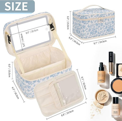 Makeup Bag With LED Mirror, Lightweight Travel Makeup Bag With 3 Color Setting Light Up Mirror Cosmetic Makeup Organizer Vanity Case for Women Beauty Tools Accessories Rechargeable Train Case-Floral
