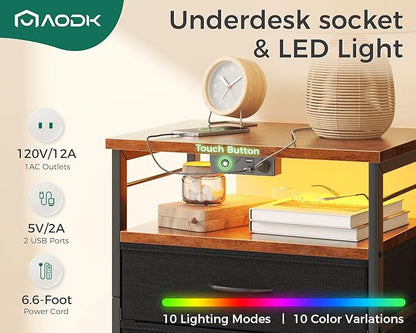 AODK Night Stand with Charging Station and LED Lights, 27.6 Inch Bed Side Table with 2 Drawers and Open Shelf, Bedside Table for Bedroom, Living Room, Vintage & Black