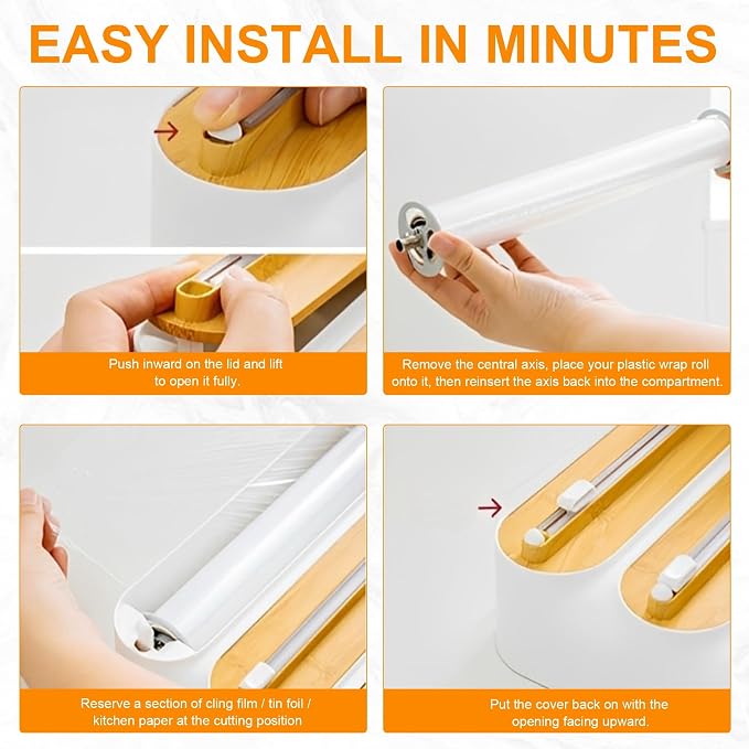 Kitchen Wrap Dispenser with Cutters Organize Aluminum Foil Plastic Wrap Wax Paper Wooden Design Storage Organizer with Easy Tear System for Countertop Pantry and Kitchen Cabinet (3in1)