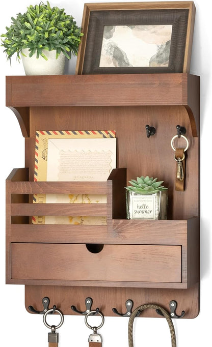 Rebee Vision Farmhouse Key Holder Wall Mount with Drawer Organizer – Pine Wooden Mail and Key Organizer for Wall with 6 Sturdy Hooks & Floating Shelf – Perfect for Retro Living Room Decor (Brown)