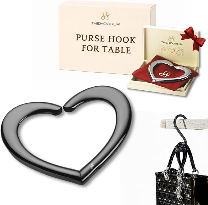 FafaConcepts Heart Shape Black Purse Hook Hanger, Charm – Ultra-Lightweight, Heavy Duty S Hook for Cafes, Work & Travel | Holds Up to 30 lbs | Christmas Gift, Bag Holder, Stocking Stuffers for Women