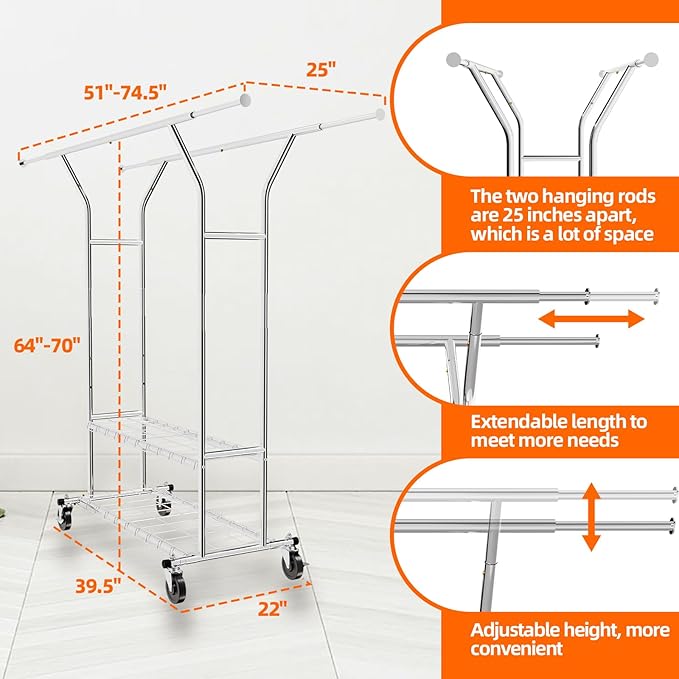 Clothes Rack, Heavy Duty Clothes Rack with Shelves Load 600 LBS, Sturdy Double Rod Clothing Racks for Hanging Clothes, Portable & Adjustable Garment Rack for Bedroom, Living Room