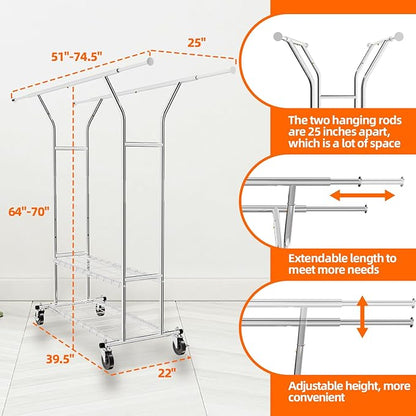 Clothes Rack, Heavy Duty Clothes Rack with Shelves Load 600 LBS, Sturdy Double Rod Clothing Racks for Hanging Clothes, Portable & Adjustable Garment Rack for Bedroom, Living Room