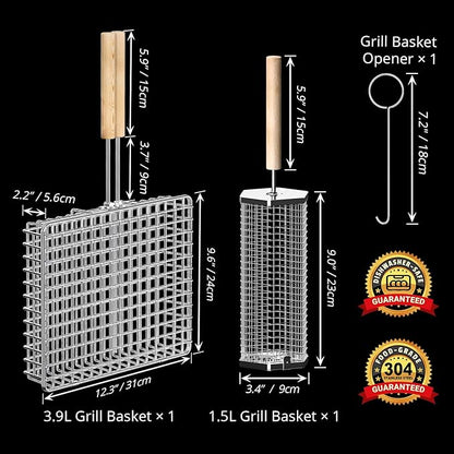 ivtivfu Grill Basket Set, Removable Wooden Handle, 304 Stainless Steel, Rolling BBQ Tools, Smoker Grilling Accessories for Vegetable Fish, Outdoor Cooking Camping, Birthday Gifts for Men Dad Husband