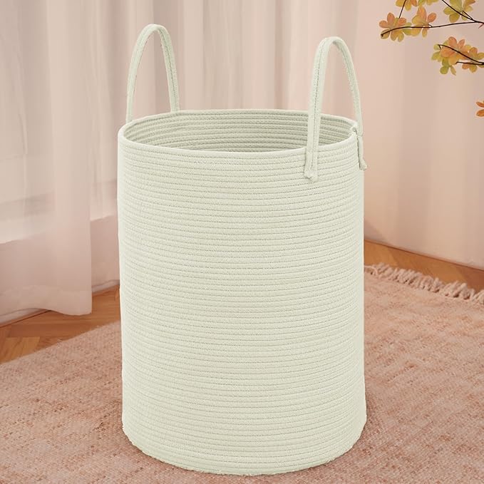 JMvicyroam Large Woven Laundry Basket Hamper,100L Cotton Rope Storage Bin for Blankets,Toys and Clothes,Decorative Tall Nursery Hamper for Living Room,Baby Nursery,Bathroom and Bedroom,White