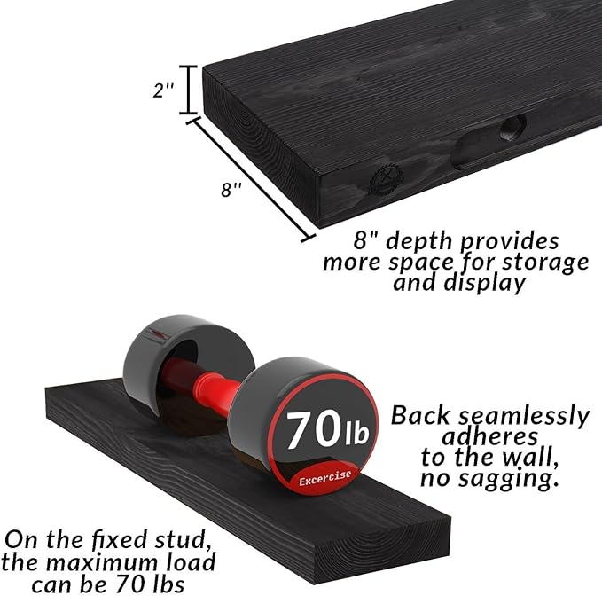 Rustic Floating Shelves 24 inch Long 8 inch deep Set of 2, Solid Wood Wall Shelves for Bedroom Living Room Kitchen, Wall Mounted Shelves with Hidden Bracket- Black