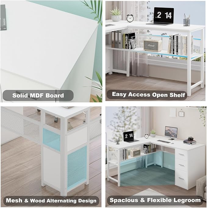 LVB White L Shaped Corner Desk with Drawers, Reversible Modern L-Shaped Computer Desk with Storage Cabinet Shelves, Large Wood Metal L Shape Home Office Desk for Work Study Writing Gaming, 59 Inch