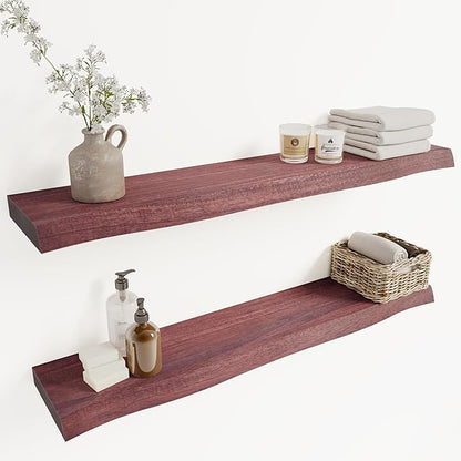 Howizz 36" Acacia Live Edge Floating Shelves Set of 2 - Wall Mounted Wooden Shelf for Stylish Home Décor - Cherry Color 36x7.5x1.5 Inches