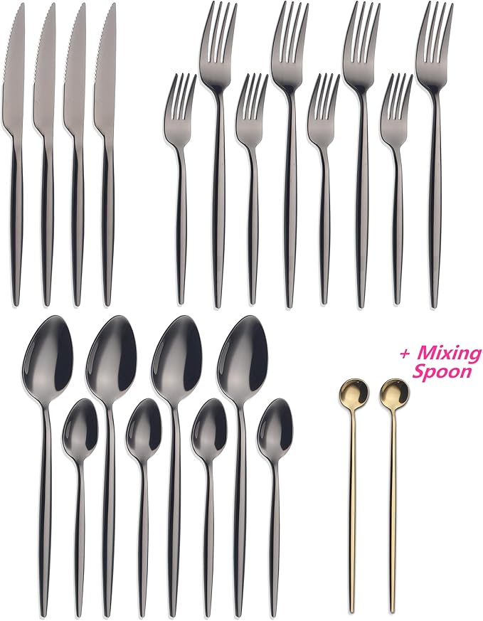 CHAAMFORGE 20 Piece Luxury Silverware Set for 4 Black Mirror-Polished 18/10 Stainless Steel Heavy Flatware Set Modern Cutlery Set Knife/Fork/Spoon with Gifts for Home & Restaurant