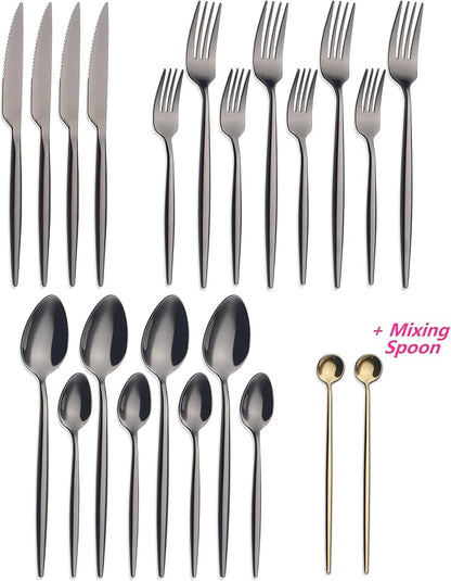 CHAAMFORGE 20 Piece Luxury Silverware Set for 4 Black Mirror-Polished 18/10 Stainless Steel Heavy Flatware Set Modern Cutlery Set Knife/Fork/Spoon with Gifts for Home & Restaurant