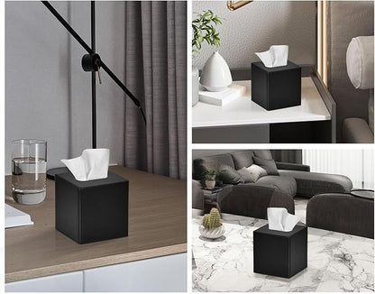GOLRANLYE Tissue Box Cover Square PU Leather Facial Tissue Box Holder for Dresser Bathroom Decor (Black)