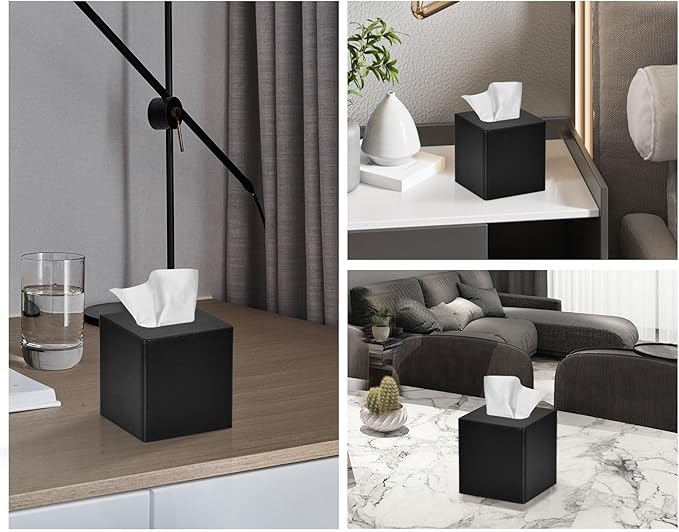 GOLRANLYE Tissue Box Cover Square 2 Pack PU Leather Facial Tissue Box Holder for Dresser Bathroom Decor (Black)