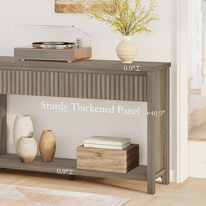 BON AUGURE Console Table with Storage, Entryway Table with Drawers, 47In Couch Tables Behind Sofa, Sofa Tables with Two-Tier Shelf for Living Room, Hallway, Front Door, Greige Oak