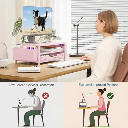 OPNICE Desk Organizers and Accessories, 2-Tier Computer Monitor Stand Riser with Drawer and 2 Pen Holders, Laptop Stand, Office Desk Accessories for Office Supplies, Pink