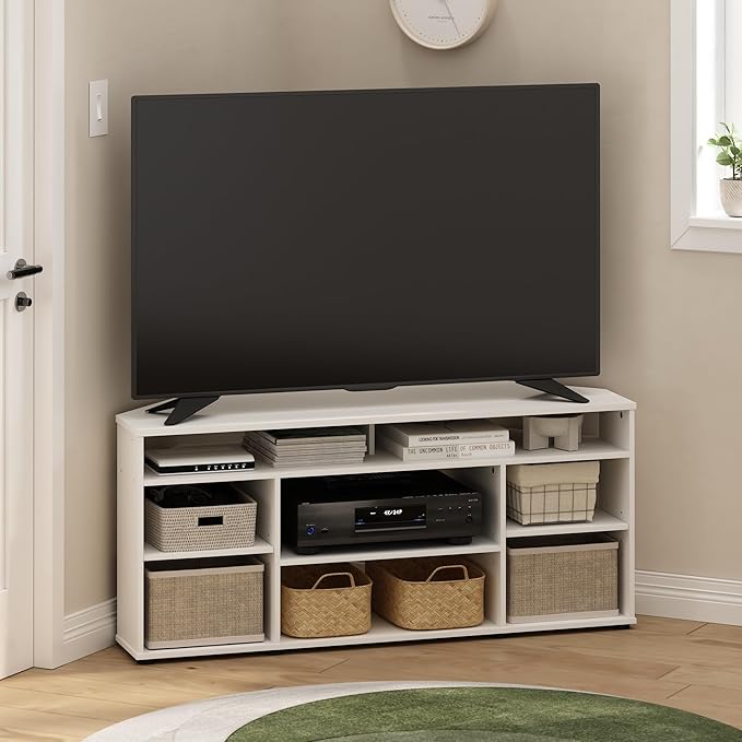 Furinno BESI TV Stand, No Tools Assembly Industrial Style Entertainment Center, TV Console for TV up to 46 Inch, for Living Room, Bedroom, White