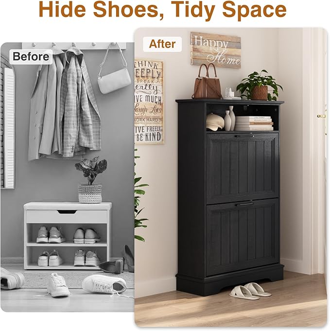 Shoe Storage Cabinet with 2 Flip Drawers, 24" W Farmhouse Modern Hidden Shoes Rack Cabinet with Adjustable Shelves & Open Storage, Narrow Slim Shoe Organizer for Front Door Entrance, Entryway, Black