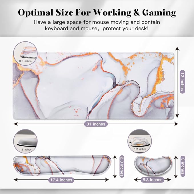 Gimars 4 in 1 Mouse Pad and Keyboard Wrist Rest Set, Large Mouse Pad with Memory Foam Wrist Support Pad for Desk with Coaster, Easy Typing Pain Relief, Gaming Office Home, 31.5x12 inch, Cloud Golden