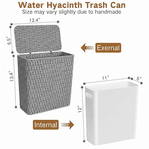 iEGrow Paper Rope Trash Can,Bathroom Trash Can with Lid, 3 Gallon Wicker Waste Basket with Removable Liner, for Bedroom, Living Room, Toilet, Under Sink Gray