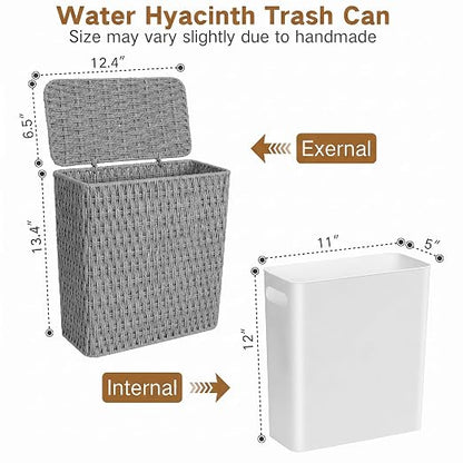 iEGrow Paper Rope Trash Can,Bathroom Trash Can with Lid, 3 Gallon Wicker Waste Basket with Removable Liner, for Bedroom, Living Room, Toilet, Under Sink Gray