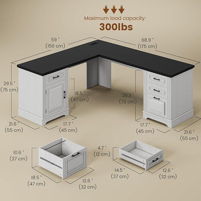 Itaar Farmhouse Executive L Shaped Desk, Home Office Desk with File Drawer and Power Outlet, Computer Corner Desk with Drawers and Storage Cabinet, Workstation for Office Home, White