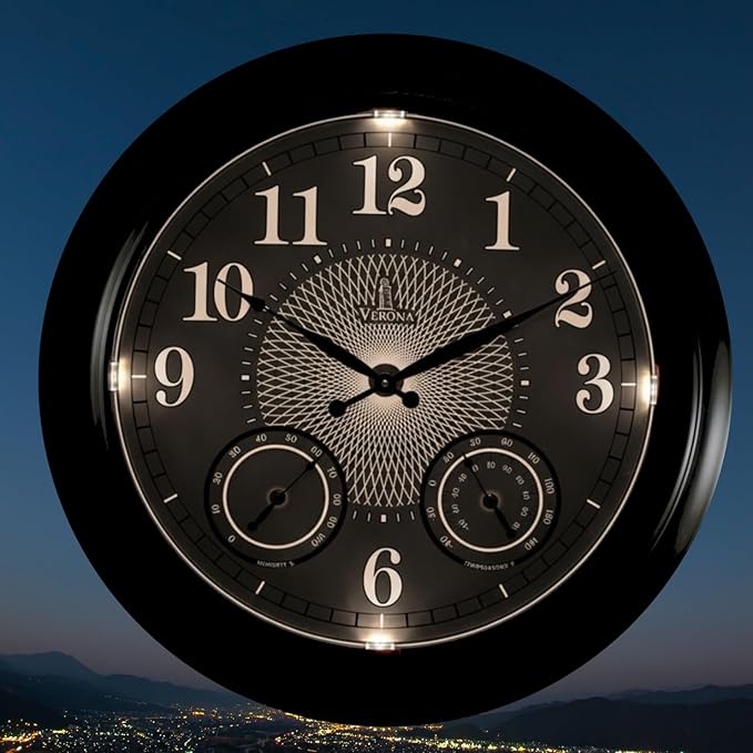 24 inch Illuminated Outdoor Clock for Patio, Waterproof with Thermometer - Large Night Light Wall Clock with Smart LED Sensor, Temperature and Humidity - Weatherproof & Easy to Read for Patio & Home
