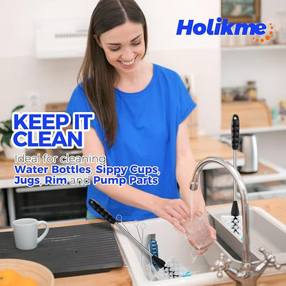 Holikme 6 Pack Bottle Brush Set, 14" Long Handle Stainless Steel Bottle Cleaner Brush, 3 Straw Brushes, 4-in-1 Bottle Cleaning Brush for Water Bottle, Baby Bottle, Blue&White