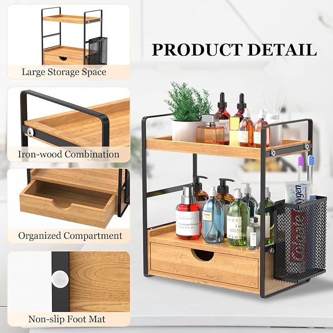 LEMIKKLE Bathroom Counter Organizer with Drawer and Basket,Wood Countertop Organizer for Bathroom Decor Makeup Tray for Perfume Skincare Bedroom Kitchen Corner