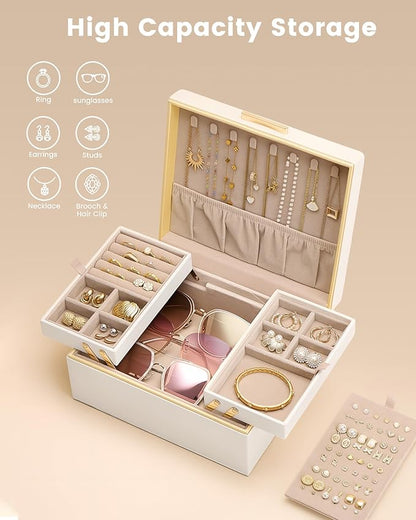 Lolalet Jewelry Box Organizer for Women Girls, 2 Layer Jewelry Organizers and Storage for Necklace Earrings Rings Bracelets, Large Jewellery Holder Case Birthday Gifts -Cream