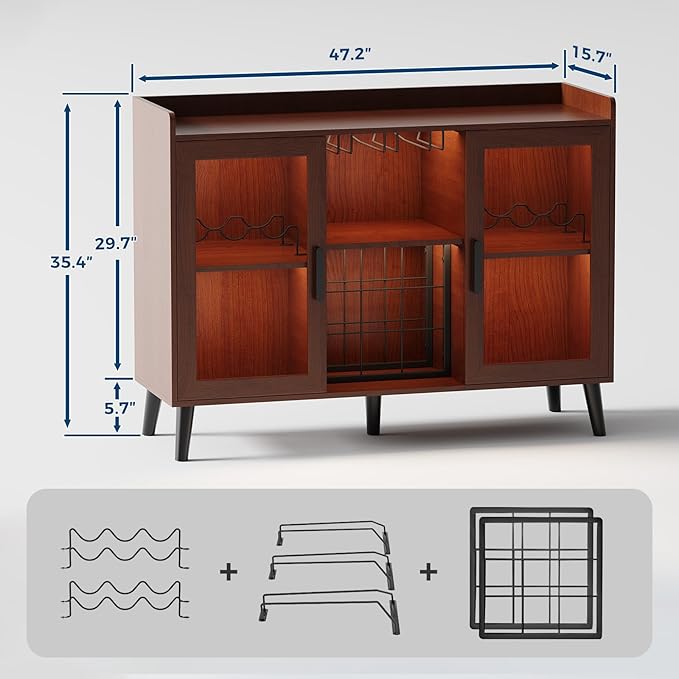 Garvee Modern Wine Bar Cabinet with LED Light, Wood Kitchen Coffee Bar Home Liquor Cabinets with Glass Holder, Doors and Wine Racks Buffet Sideboard with Storage for Living Room