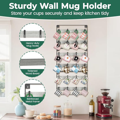 EsLuker.ly Mug Holder Hanger Rack Wall Mounted Wooden 3 Pack Coffee Cup Storage Organizer Display Shelf with 24 Movable Plastic Hooks, Ideal for Mug Collectors, Light Grey-Black