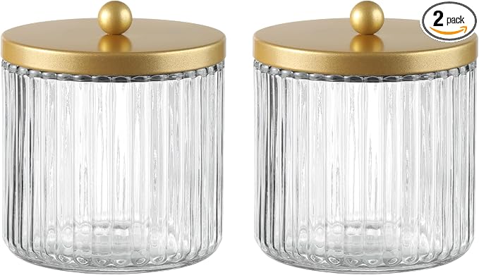KMwares Matte Golden Yellow Set of 2 Glass Qtip Holder Dispenser Set for Cotton Ball, Swab, Round Pads, Floss Picks - Bathroom Canister Storage Organization and Vanity Makeup Organizer