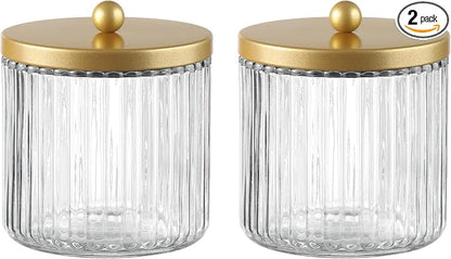 KMwares Matte Golden Yellow Set of 2 Glass Qtip Holder Dispenser Set for Cotton Ball, Swab, Round Pads, Floss Picks - Bathroom Canister Storage Organization and Vanity Makeup Organizer