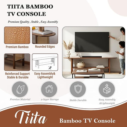 Tiita TV Stand with Storage for TVs up to 65'', Bamboo TV Console Entertainment Center with 2 Open Shelf, Mid Century Modern Media Console for Living Room, Bedroom, Walnut