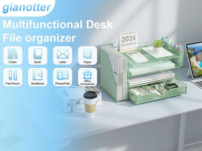 gianotter 4-Tier Desk Organizer with Drawers, File Holders, Letter Trays and Pen Holders - Workspace Accessories for Office Supplies (Sage Green)
