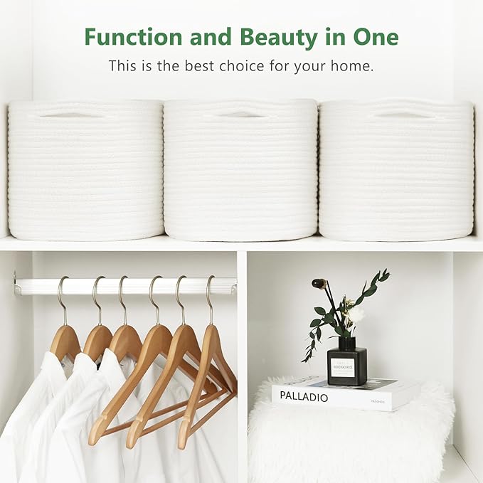 Cotton Rope Storage Basket, 15x10x9 Inches, Woven Basket for Shelves, Clothes, Towels, Books, and Laundry, White (3 Pack)