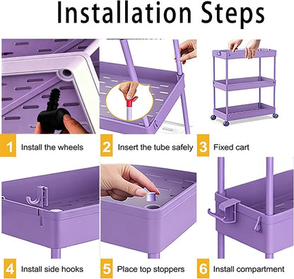 SPACELEAD Slim Storage Cart 3 Tier,Bathroom Organizer Rolling Utility,Mobile Shelving Unit Slide Out for Office, Kitchen, Laundry Room & Narrow Places,Purple