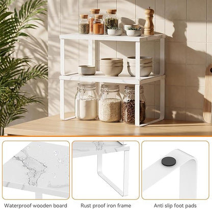 CADUKE Counter Shelf Set of 4 Kitchen Cabinet Shelf Organizer Stackable Expandable Countertop Shelf Organizer Spice Rack for Bathroom Pantry Racks,Metal and Engineered Wood, Marble White