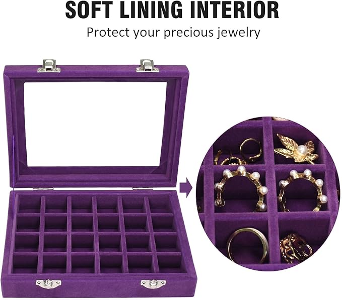Vicoter Velvet Jewelry Box 24 Grid Jewelry Ring Display Organiser Box Tray Holder Earrings Storage Case for Girls Wife Mom Women (Purple)