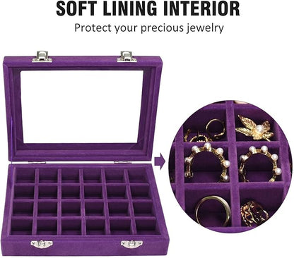 Vicoter Velvet Jewelry Box 24 Grid Jewelry Ring Display Organiser Box Tray Holder Earrings Storage Case for Girls Wife Mom Women (Purple)