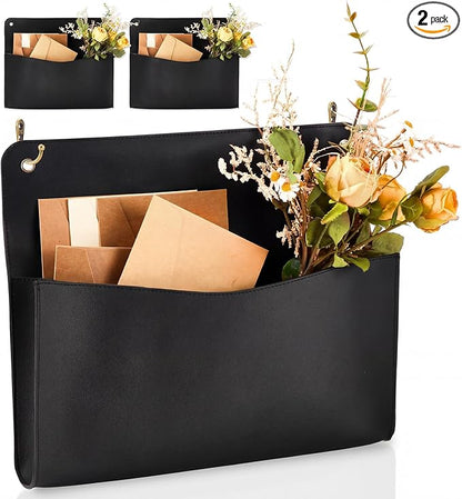 Marspark 2 Set PU Leather Mail Holder Wall Mount 12.2x10.24 Inch Leather Letter Holder 2 Ring Binder Hanging Wall File Organizer Mail Sorter for Decor Storage Letter Postcard Flower Home Office(Black)
