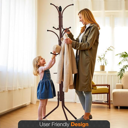 Coat Rack Freestanding,12 Hooks Metal Coat Racks with Umbrella Holder,Sturdy Hall Rree,Easy Assembly Coat Rack Stand for Hanging Scarf,Purse,Hats,Jacket(Brown)