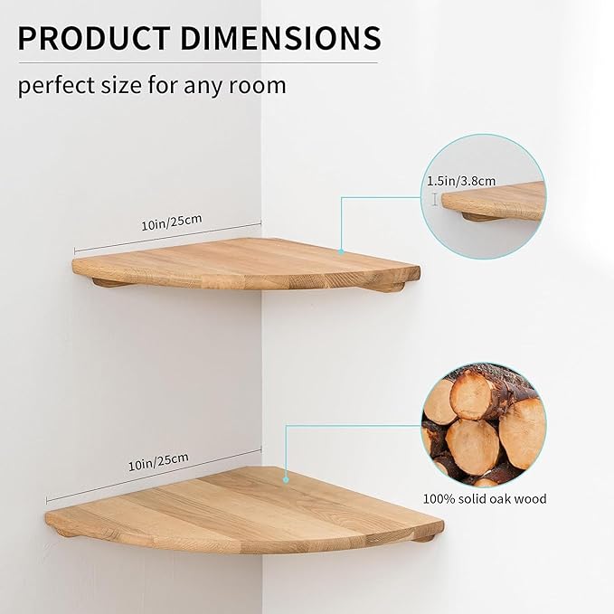 Conamily Corner Shelves, Floating Corner Shelf, Set of 2 10inch Solid Oak Wood Corner Wall Shelves, Round End Wall Mount Display Shelf with Wire Hole for Bedroom Kitchen, Living Room