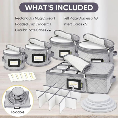 BALEINE China Storage Containers, Sturdy Quilted Wine Glass Storage, Plate Organizer with Carry Handles, Moving Boxes for Dishes, Cups, Mugs and Stemware (Plate Mug Combo, Soft Shell Grey)