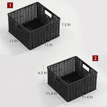 HOONEX Wicker Storage Baskets for Organizing, Decorative Woven Baskets for Storage with Carrying Handles, Set of 2, Black